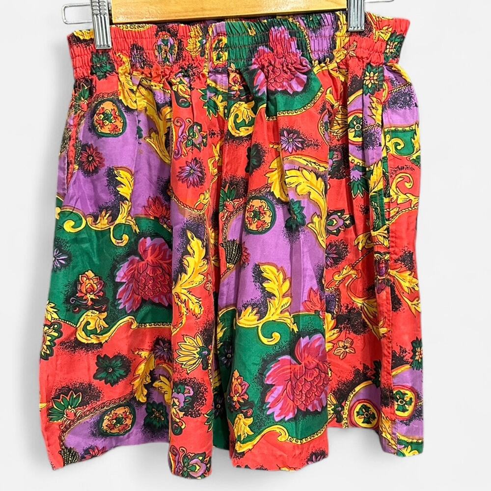 Vintage 90s 100% Silk Baroque Floral Scroll Shorts Rare Statement Piece Small - Picture 2 of 9